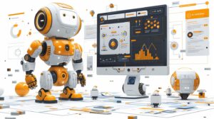 AI robot and a marketer working together on digital ads